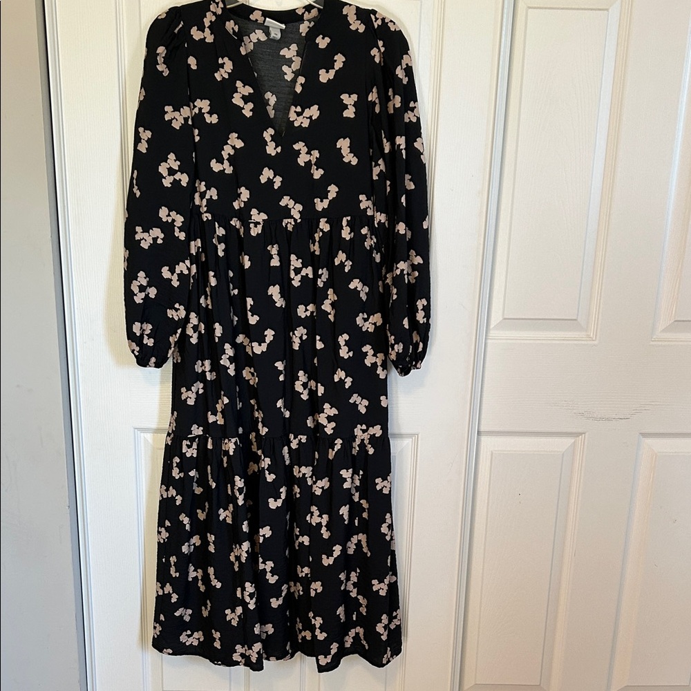 A NEW DAY Black Midi Tiered Dress with Pink Floral Pattern Women's XS